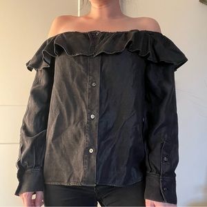 7 For All Mankind Dark Grey Off Shoulder Ruffle Top